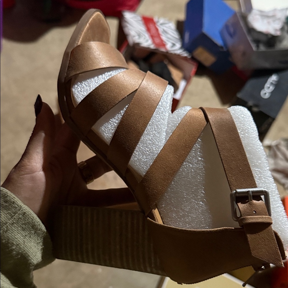 Report Tan Strappy Block Heel Sandals